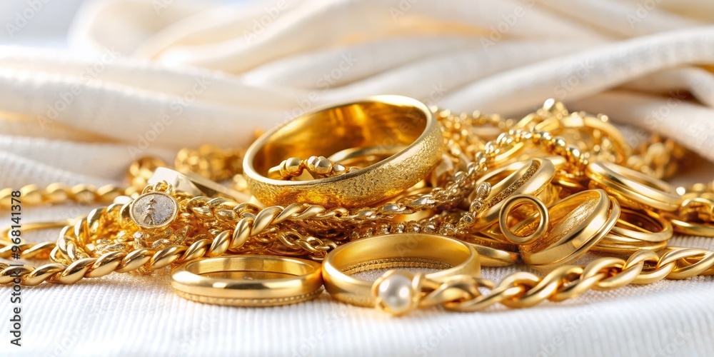 Golden Jewelry Pile on White Fabric, Gold, Jewelry, Chain Golden Jewelry Pile on White Fabric, Gold, Jewelry, Chain
