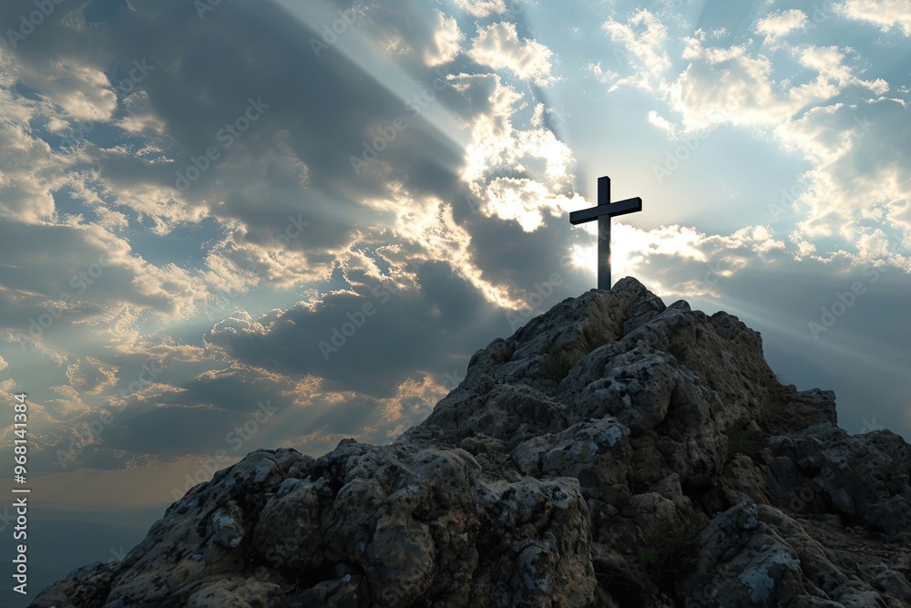 Cross on the rock with ray of lights, Easter concept Cross on the rock with ray of lights, Easter concept