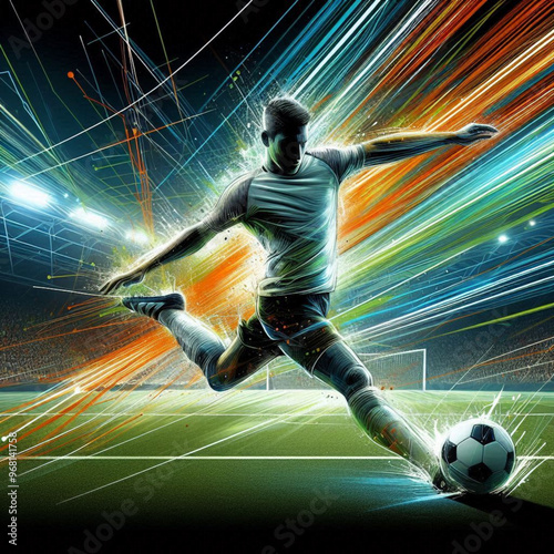 Female soccer player striking the ball with dynamic colorful energy

