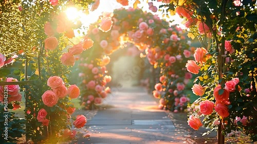 A mesmerizing rose archway bathed in the warm glow of the setting sun.