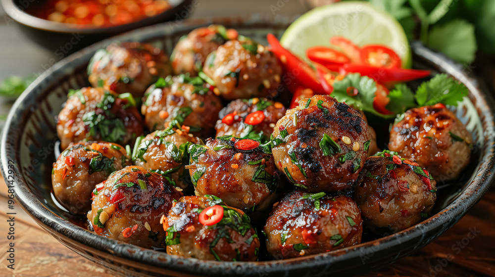 A bowl of meatballs with a side of vegetables and a sauce A bowl of meatballs with a side of vegetables and a sauce