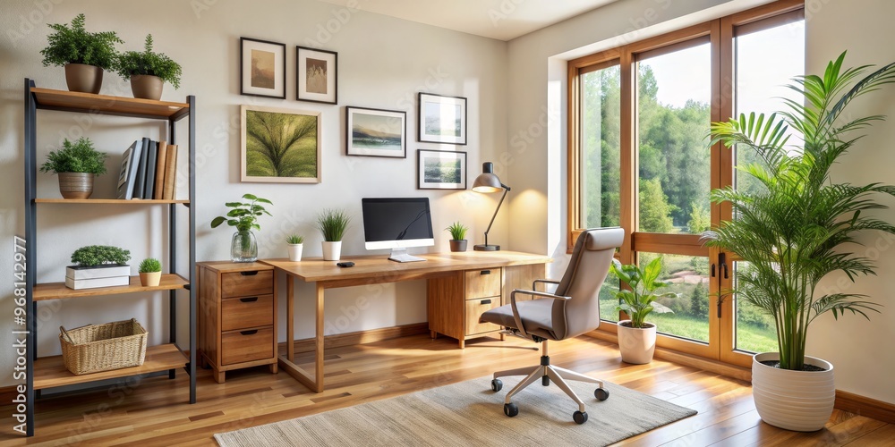 Home Office Desk with Wooden Floor, Large Window, and Plants, home office design, office space, home decor Home Office Desk with Wooden Floor, Large Window, and Plants, home office design, office space, home decor