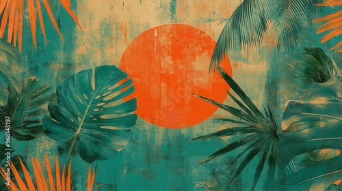 Tropical Sunset with Palm Leaves on an Abstract Background
