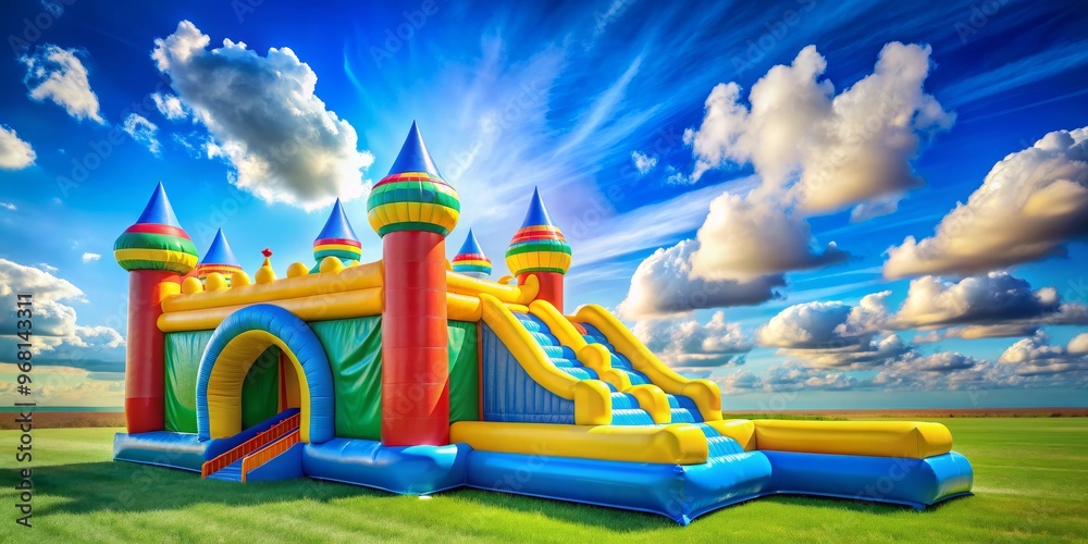 Inflatable Castle Fun in the Meadow, blue sky, fluffy clouds, bouncy house, inflatable slide, playground, kids Inflatable Castle Fun in the Meadow, blue sky, fluffy clouds, bouncy house, inflatable slide, playground, kids