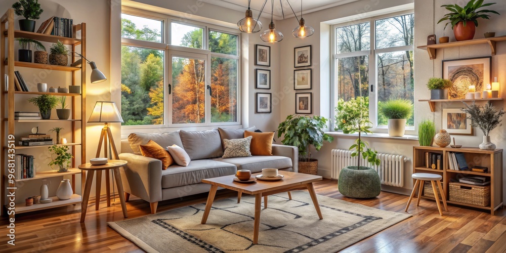 Cozy Living Room with Autumn View, White Sofa, Wooden Floor and Pendant Lights, living room, interior design, home decor Cozy Living Room with Autumn View, White Sofa, Wooden Floor and Pendant Lights, living room, interior design, home decor