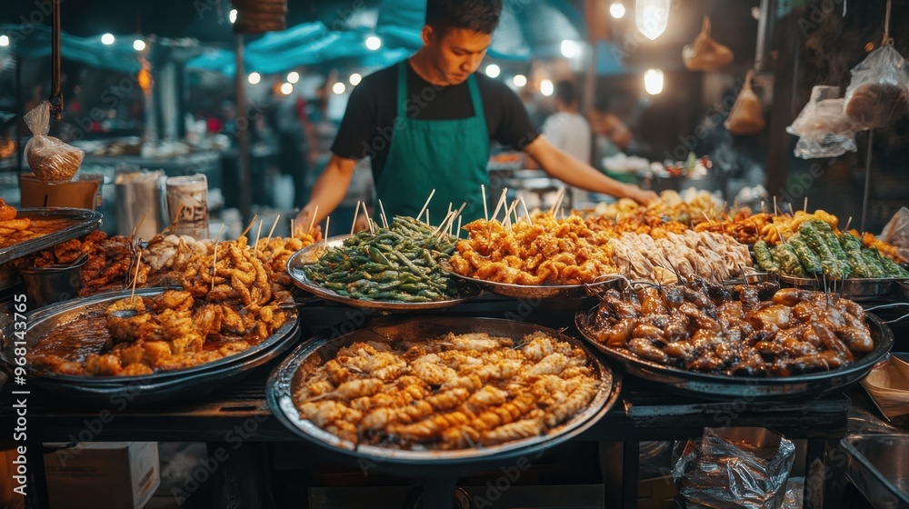 Obraz premium traveler practicing mindful travel enjoys slow and mindful tasting of local cuisine at a street food market, relishing every flavor and texture