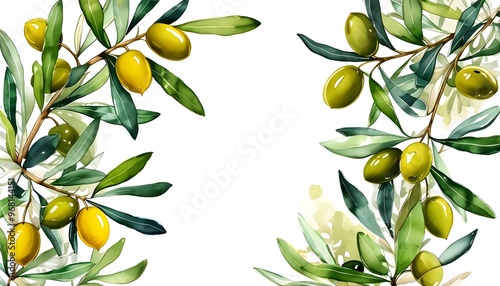 Elegant olive branch watercolor illustration showcasing green and yellow olives, embodying Mediterranean nature and botanical art with ample copy space in a wide banner design photo