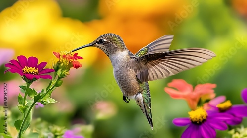 A close-up of a hummingbird feeding on nectar from a brightly colored flower