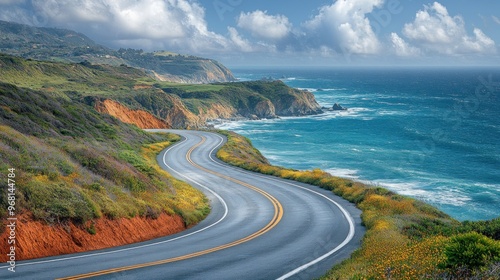 Scenic coastal road winding along cliffs by the ocean.