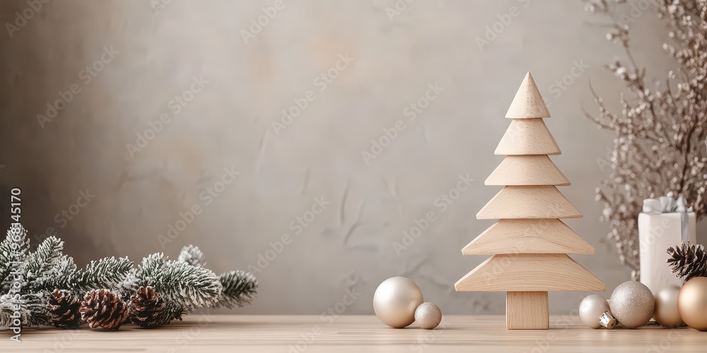 Fototapeta premium Sapin en bois minimaliste avec boules de noël sur table festive