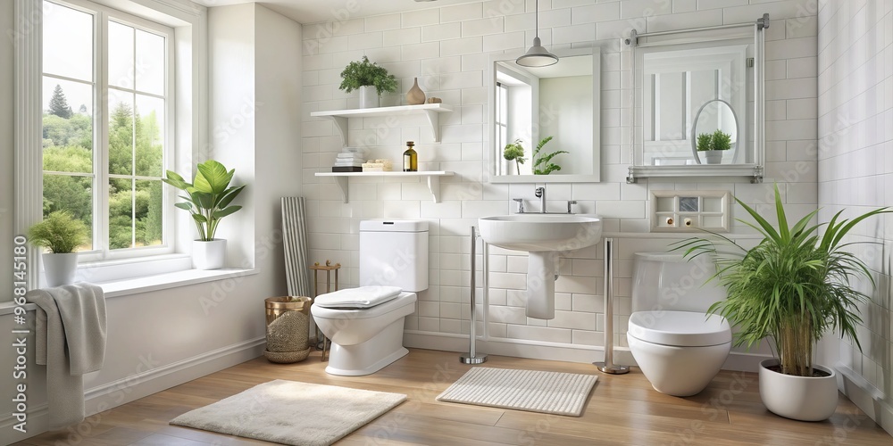 Modern Bathroom with White Tile and a Window View, 3D Render, Bathroom Design, Interior Design, Home Decor bathroom design, interior design, 3d render Modern Bathroom with White Tile and a Window View, 3D Render, Bathroom Design, Interior Design, Home Decor bathroom design, interior design, 3d render