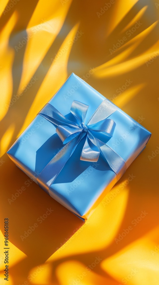 Blue gift box with ribbon and shadow on yellow background Blue gift box with ribbon and shadow on yellow background