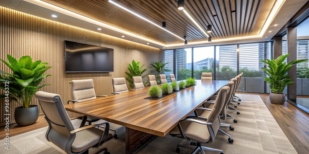 Obraz premium Modern Conference Room with Wooden Table and Chairs, Interior Design, Office Space, Urban View, Meeting Room, Corporate Office, Business Interior