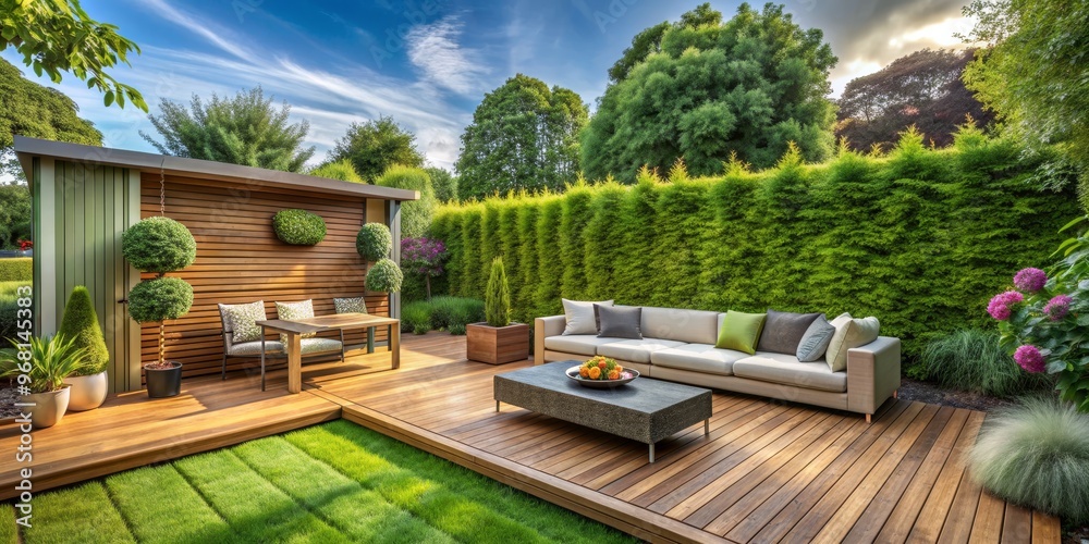 Modern Deck Design with Green Hedges and a Sofa for Relaxation, Garden Design , Outdoor Decor , Backyard Ideas Modern Deck Design with Green Hedges and a Sofa for Relaxation, Garden Design , Outdoor Decor , Backyard Ideas