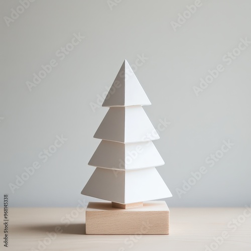 Sapin en bois minimaliste à forme pyramidale sur fond épuré photo