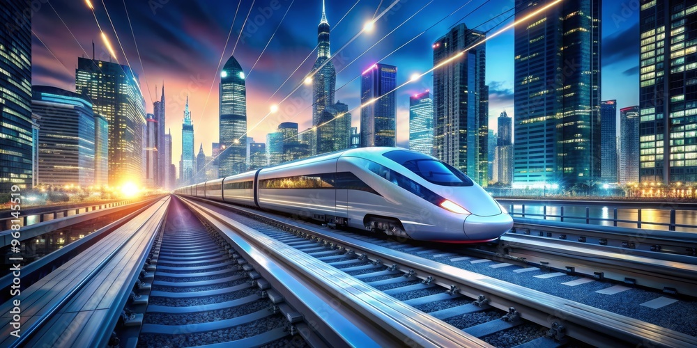 Modern High-Speed Train Through Cityscape, Night, Urban, Transportation, Future, ,cityscape Modern High-Speed Train Through Cityscape, Night, Urban, Transportation, Future, ,cityscape