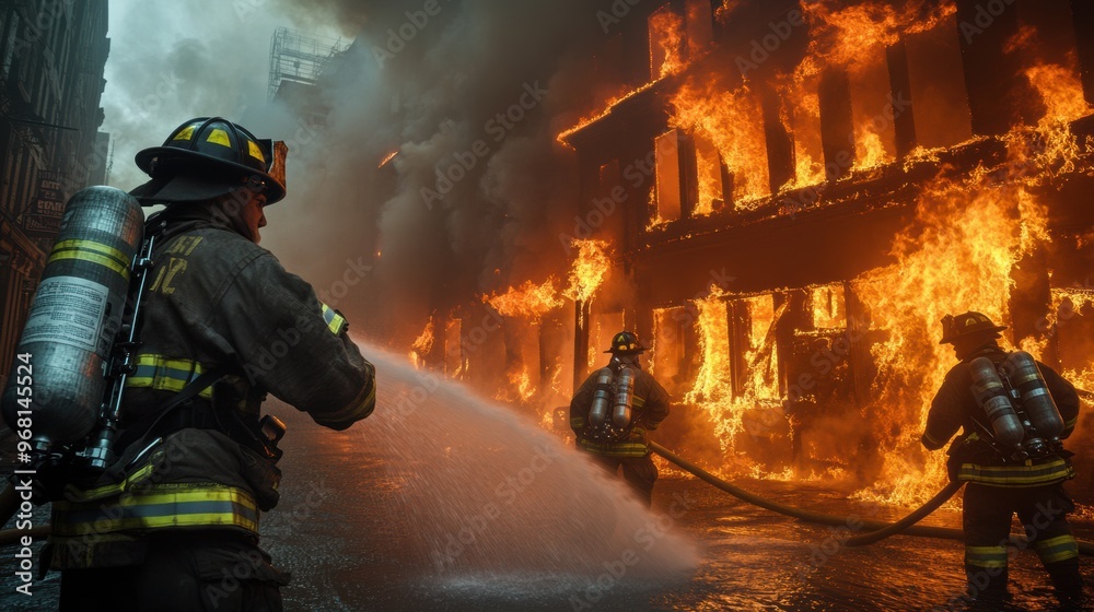 Firefighters battling a large blaze in an urban setting during the late evening hours Firefighters battling a large blaze in an urban setting during the late evening hours