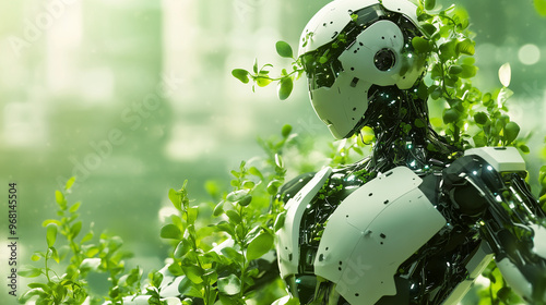 Futuristic bio-robot powered by photosynthesis stands in a sunlit greenhouse, blending advanced technology with nature, highlighting the concept of sustainable, eco-friendly artificial intelligence.