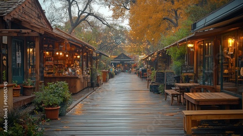 Charming wooden shops lined along a rustic pathway in autumn.