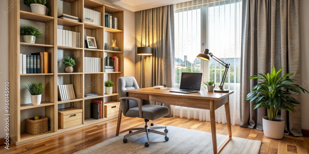 Modern Home Office with Wooden Desk and Bookshelves, Modern interior, Office design, Home decor Modern Home Office with Wooden Desk and Bookshelves, Modern interior, Office design, Home decor