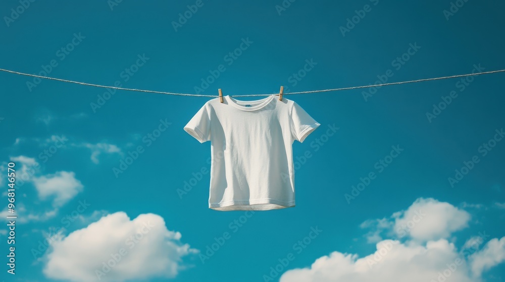 White T-shirt Hanging on a Clothesline Against a Blue Sky White T-shirt Hanging on a Clothesline Against a Blue Sky