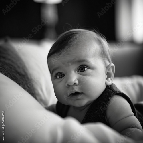 Ein Baby schaut staunend in die Kamera, Schwarz-Weiß-Aufnahme photo