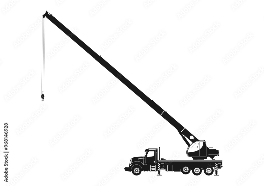 Fototapeta premium Mobile crane. Silhouette of a truck-mounted crane. Side view. Flat vector.