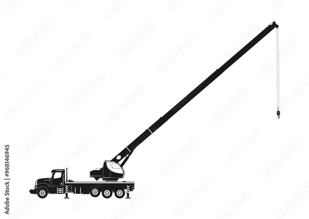 Fototapeta premium Mobile crane. Silhouette of a truck-mounted crane. Side view. Flat vector.