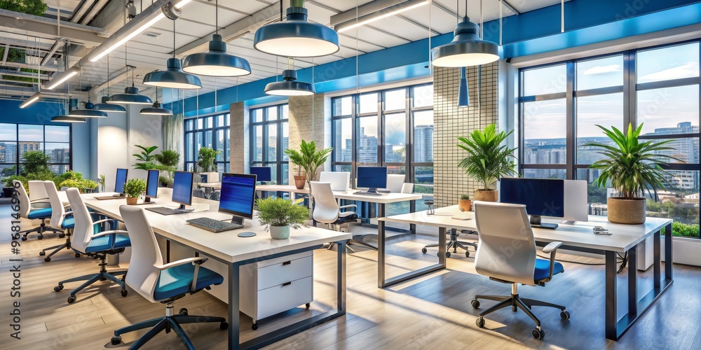 Modern Office Design with Blue Accents and City Views, office design, interior design, city view Modern Office Design with Blue Accents and City Views, office design, interior design, city view