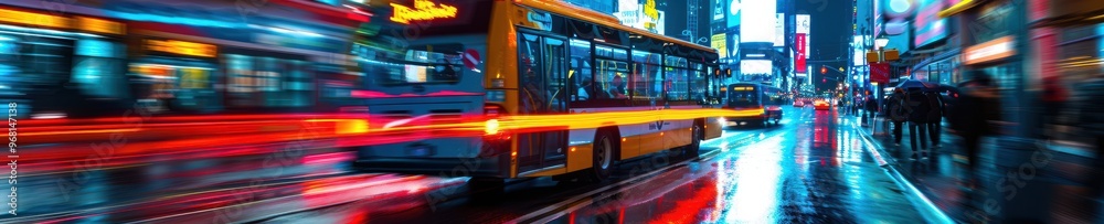 A city bus with illuminated tail lights driving through a vibrant, rainy street at night, with blurred city lights in the background. Free copy space for banner. A city bus with illuminated tail lights driving through a vibrant, rainy street at night, with blurred city lights in the background. Free copy space for banner.