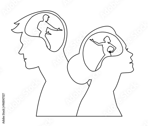 Family psychology outline background with sad couple heads turned away from each other design and happy dancing spouse inside brain. Psychotherapy effect and productivity