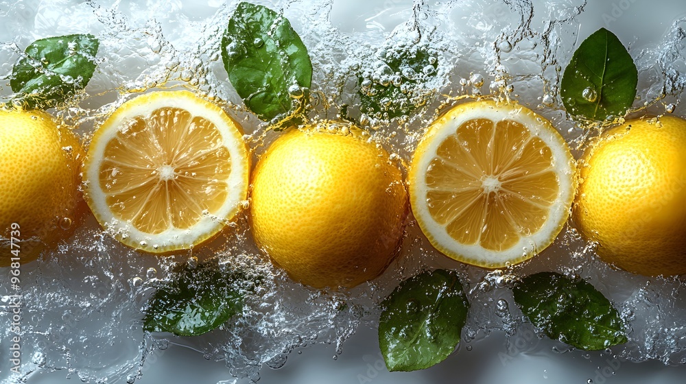 new Fresh lemons splashing with leaves, cut out isolated on a white background new Fresh lemons splashing with leaves, cut out isolated on a white background
