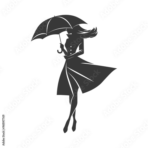 Silhouette of a woman with long hair holding an umbrella
