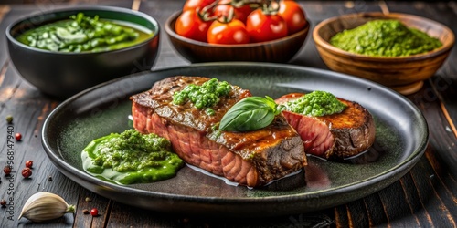 Gourmet Steak with Pesto Sauce on Black Plate, Food Photography, Culinary, Steak Recipe ,steak, pesto, food photography