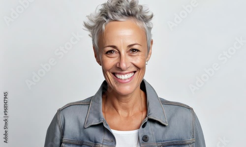 Portrait of happy mature woman smiling at camera over white background.