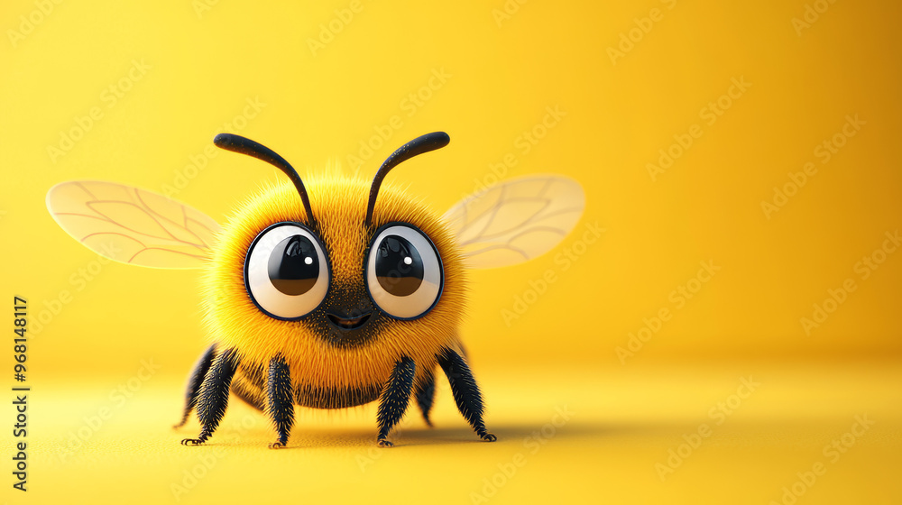 Obraz premium Adorable fluffy cartoon bee character with big eyes and a cheerful expression, standing on a bright yellow background with copy space, children's media, educational content, and playful marketing