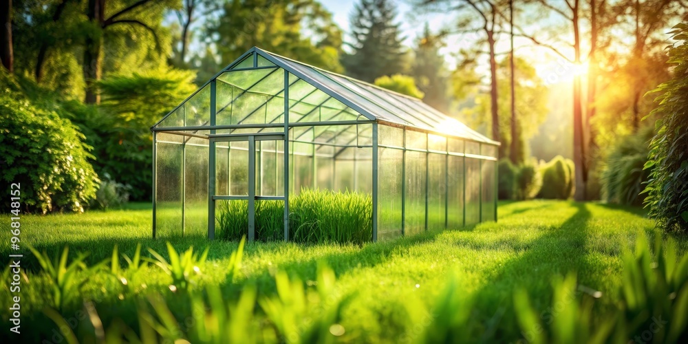 Green Glass Greenhouse in Sunlit Garden, green, greenhouse, garden
