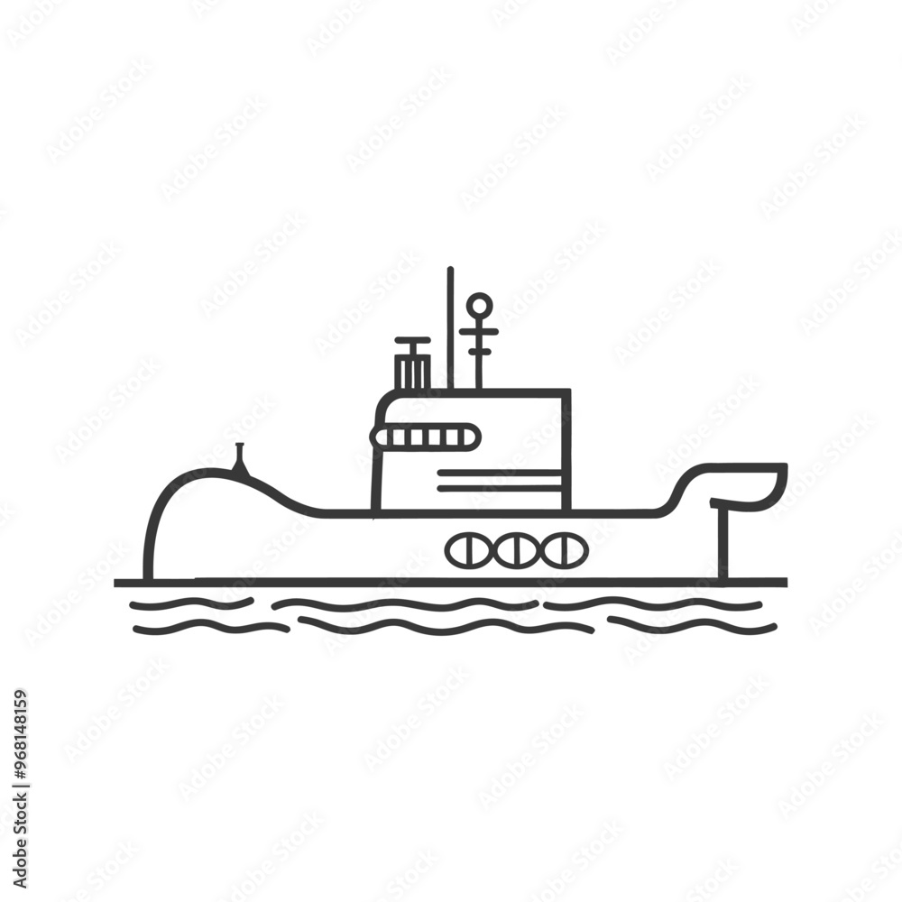 Line drawing of a submarine with a periscope and four propellers Line drawing of a submarine with a periscope and four propellers