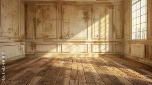 Interior design of empty vintage room with wood flooring