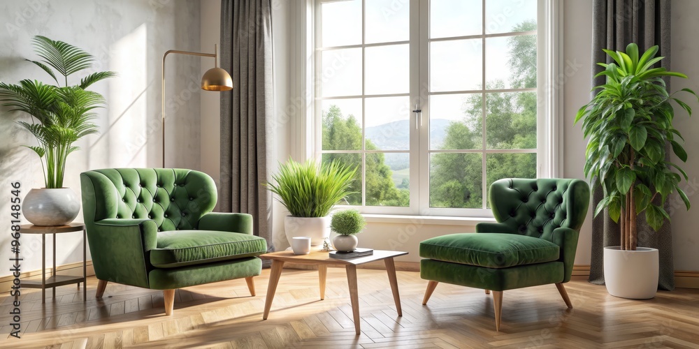 Green Velvet Armchairs in a Sunlit Living Room, 3D Rendering, Interior Design, Living Room, Home Decor