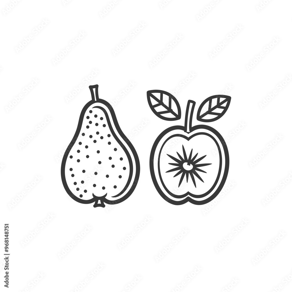 Line Drawing of a Whole Pear and Half an Apple Line Drawing of a Whole Pear and Half an Apple