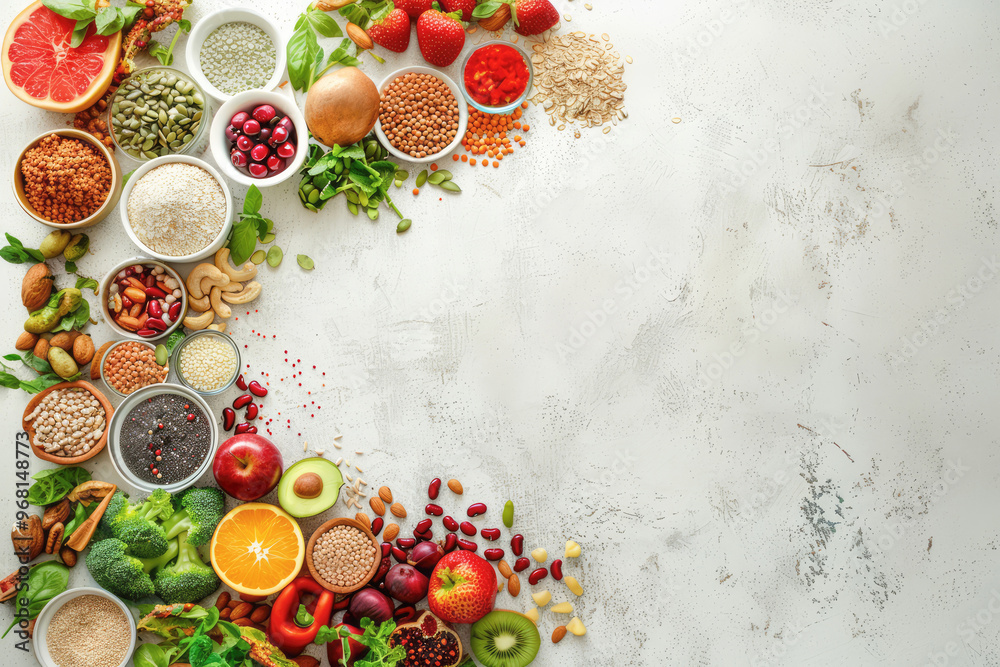 An organized collection of healthy, organic foods featuring seeds, nuts, and fresh vegetables, emphasizing their nutritional benefits for a balanced diet.