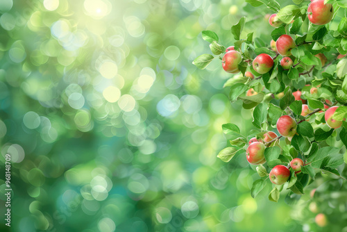 A closeup of ripe red apples hanging from a branch in a sunny orchard, showcasing the deliciousness of a fresh harvest.