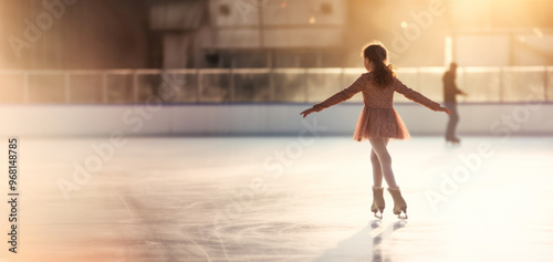 Obraz na płótnie A young girl glides gracefully across the ice rink, her figure skating training evident in her fluid motions and elegant form, embodying the joy and beauty of the sport. w salonie