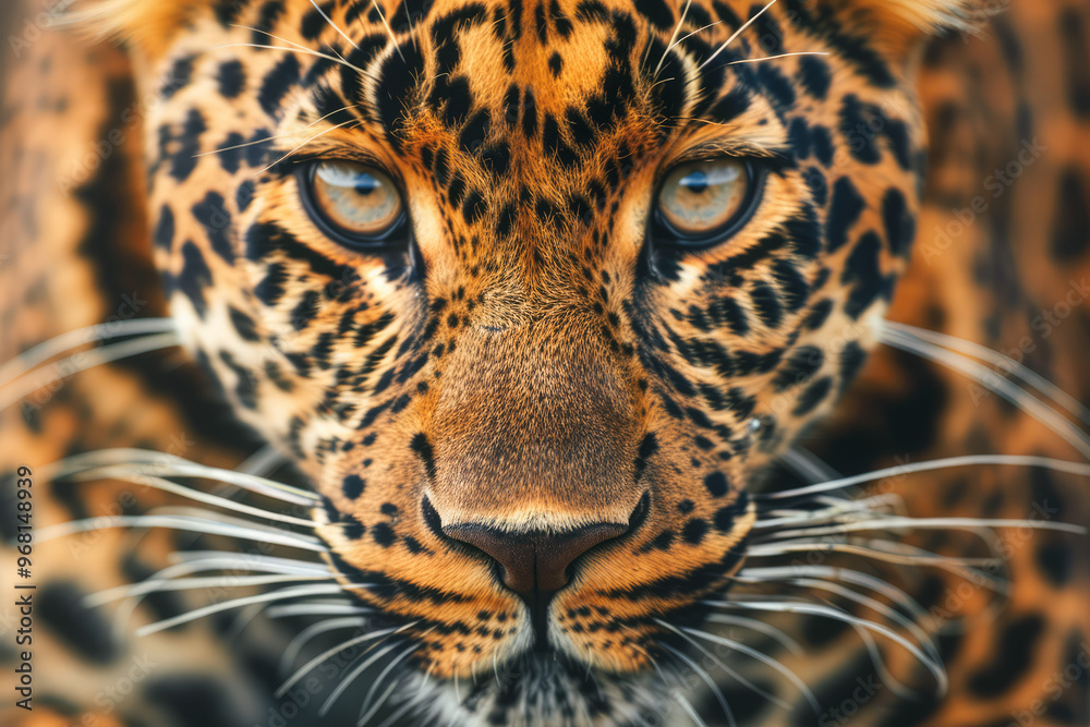 Obraz premium A powerful leopard with intense eyes and a striking yellow fur pattern, captured in its natural safari habitat