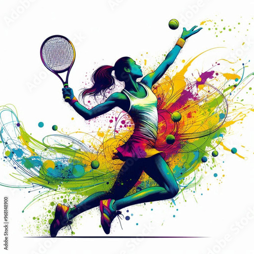 Tennis player serving with a splash of vibrant colorful energy

