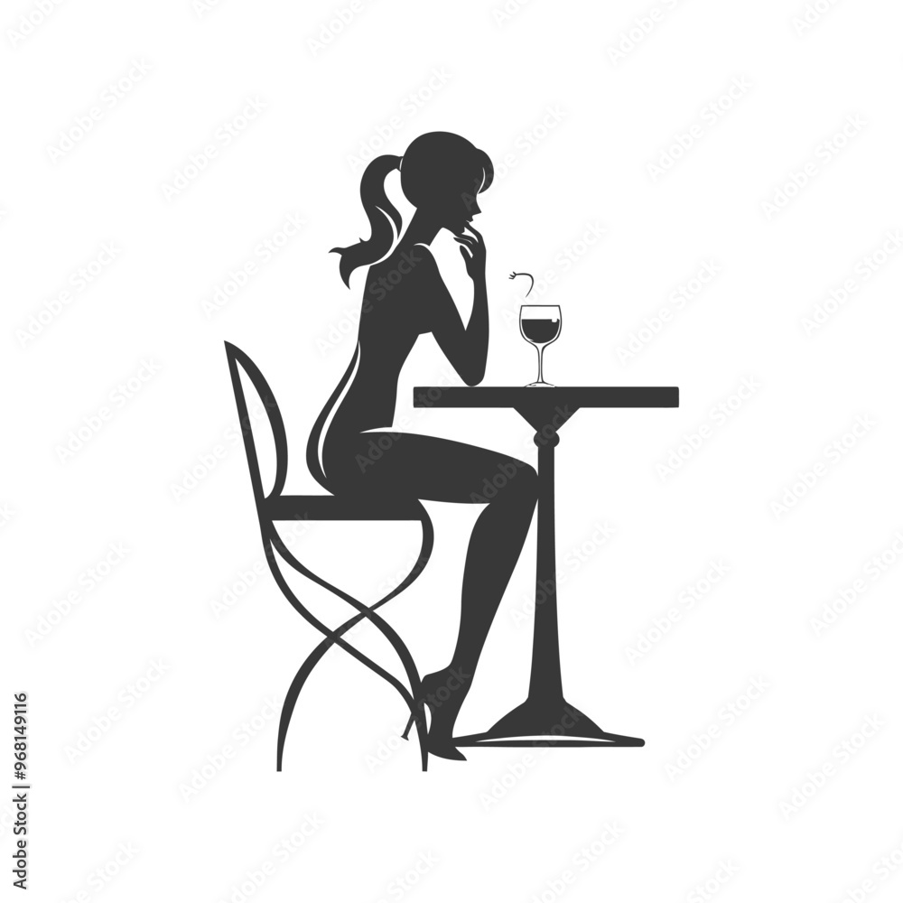 Silhouette of a Woman Sitting at a Table with a Glass of Wine Silhouette of a Woman Sitting at a Table with a Glass of Wine