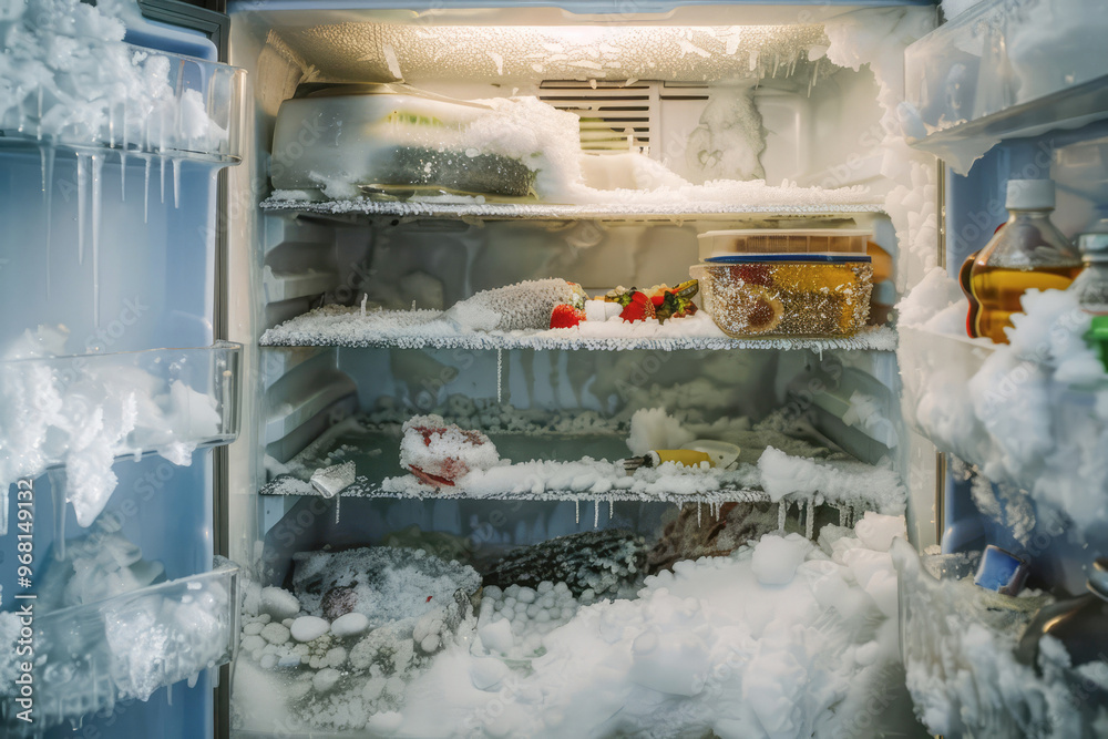 Inside view of a freezer with ice and frost buildup, highlighting a common issue with cold storage and defrosting needs