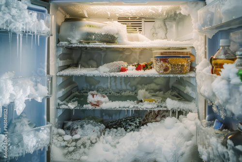 Obraz na płótnie Inside view of a freezer with ice and frost buildup, highlighting a common issue with cold storage and defrosting needs w salonie