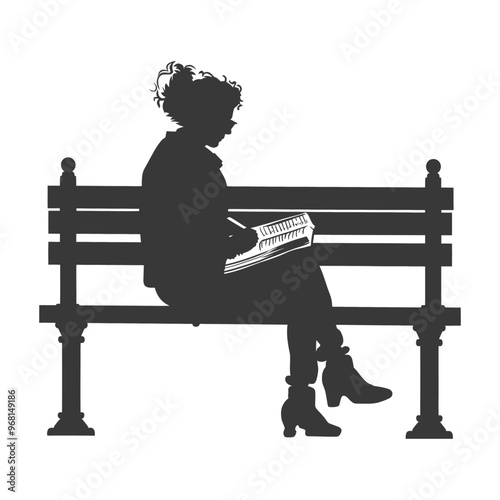 Silhouette of a Woman Sitting on a Bench and Reading a Book